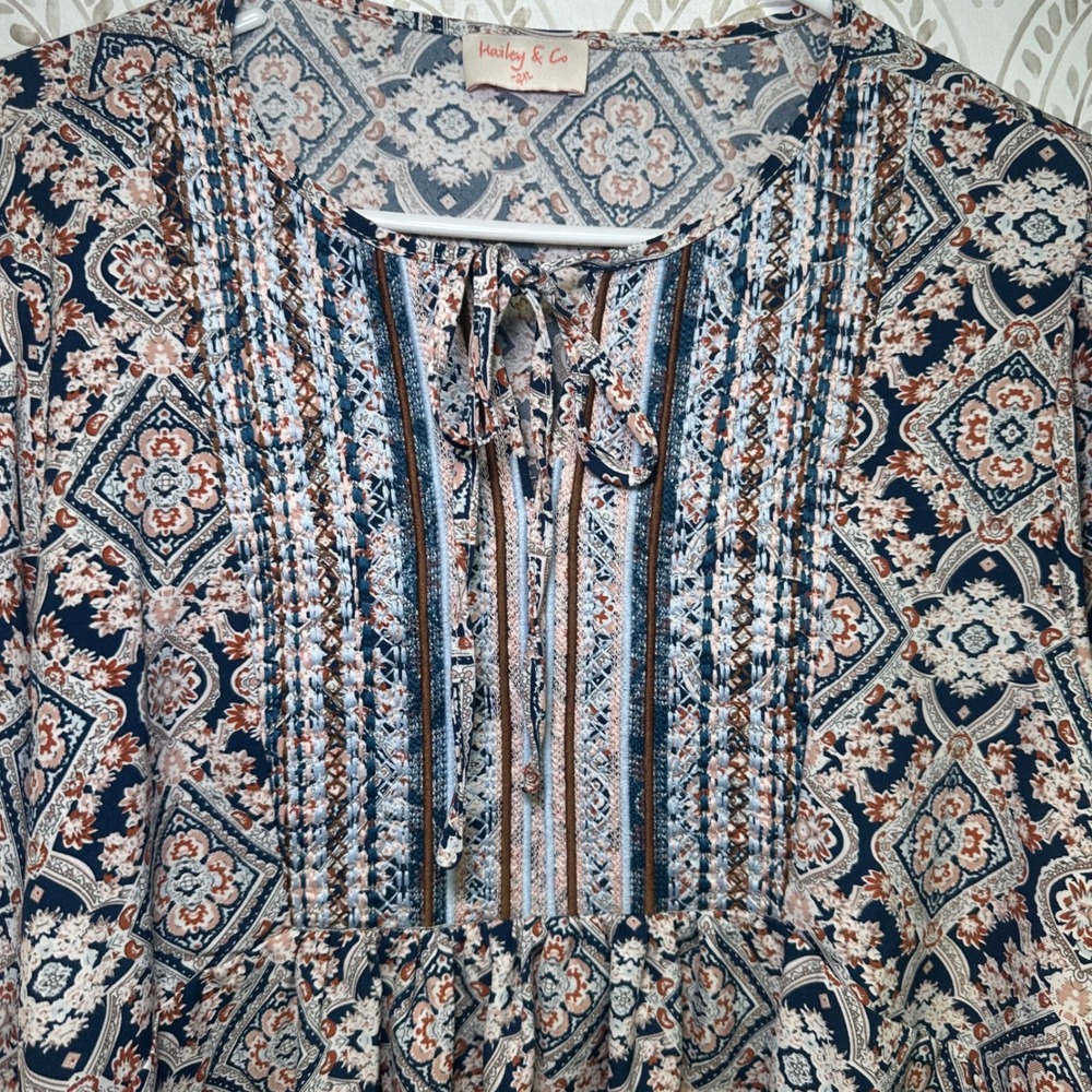 Hailey & Co Women tunic Peasant Boho Geometric Print Long Sleeve Tie Neck - Picture 5 of 9